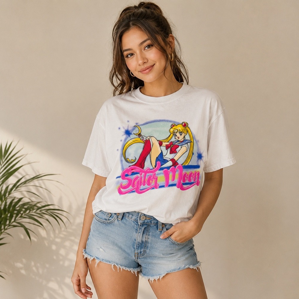 Sailor Moon Graphic T-Shirt White Cotton Anime Airbrush Style Print Womens Small